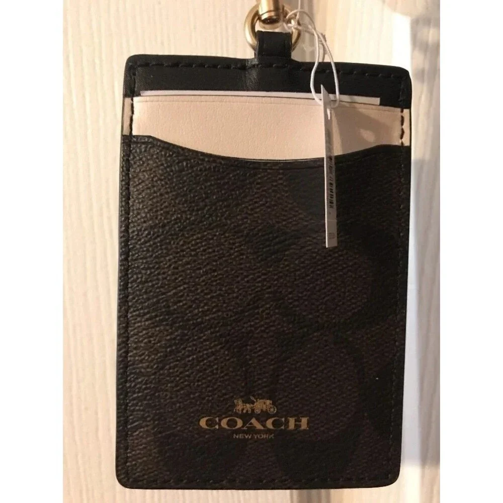 Coach Logo Signature C Leather Brown White Colorblock Lanyard ID Credit Card